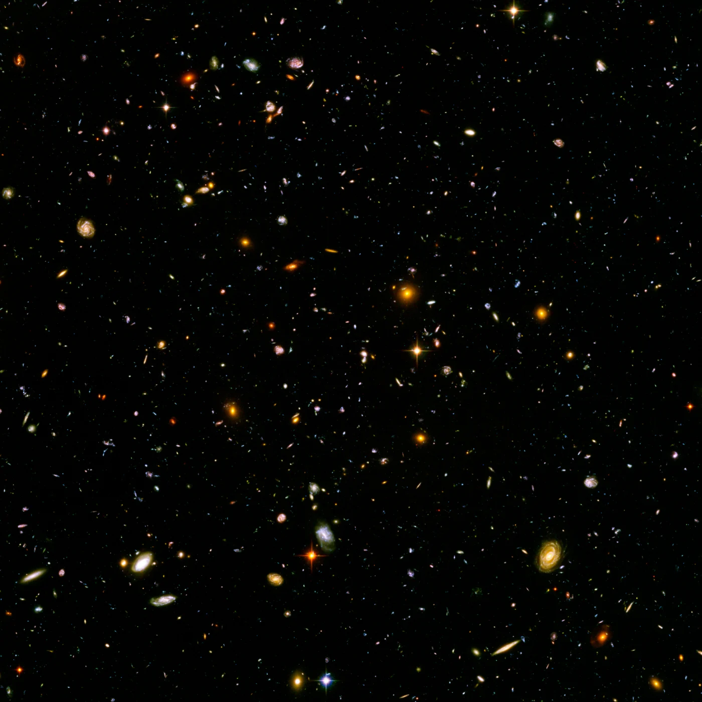 The Hubble Ultra Deep Field: thousands of colourful galaxies on a black sky