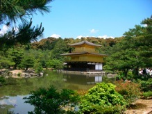 A golden pavilion beside a pond surrounded by trees