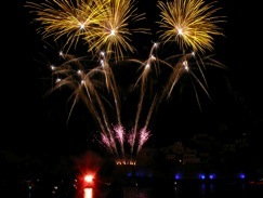 Golden fireworks bursting over water at night